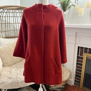 Eileen Fisher Wool Sweater Coat L Rust Red Hidden Snap Pockets Minimalist